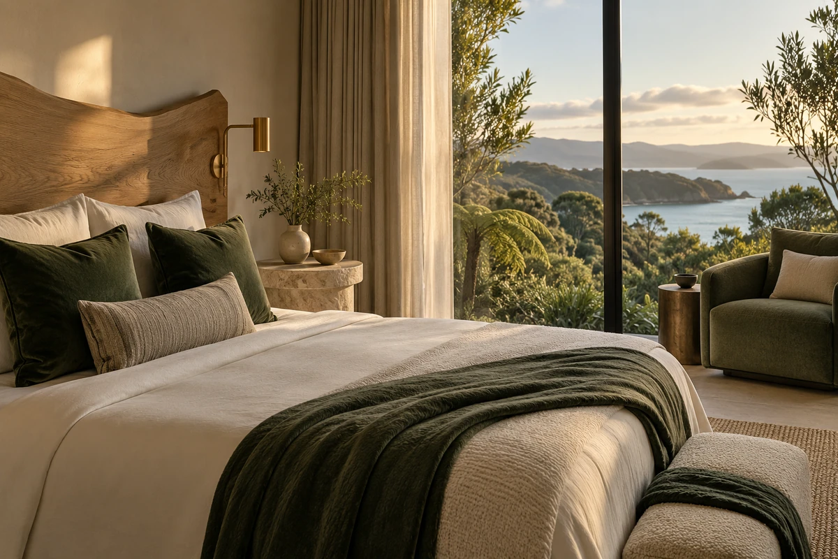 Original Mivora visual concept of a coastal suite with forest-green textiles and an oak bedhead